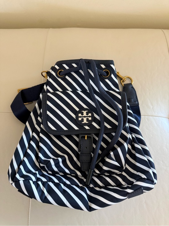 Tory Burch Navy and White Diagonal Stripe Drawstring Backpack